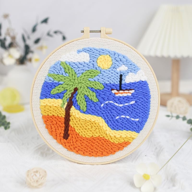 Palm Tree Beach Punch Needle Kit for Beginners - 8 Inch Tropical Ocean DIY Embroidery Starter Set with Pre-Printed Fabric, Wooden Hoop, Yarn & Tools - Wall Art Craft Gift for Adults Home Decor - color: BLUE-SEA