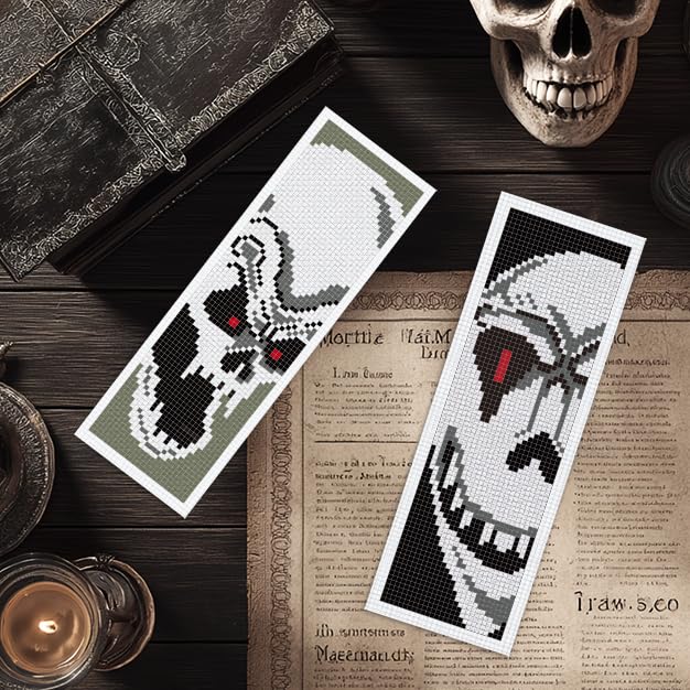 INFUNLY 6PCS Skull Theme Cross Stitch Kit for Beginners 8.5x3 DIY Bookmarks Cross Stitch Kits Black White Horror Embroidery Cross Stitch Kits with Backing Felt Floss Instruction for Book Lovers - style: 6PCS Skull Theme