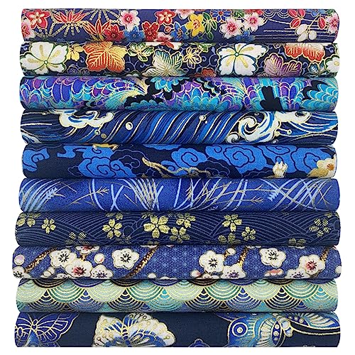 aufodara 10Pcs Cotton Craft Fabric Patchwork Bundle 20x25 cm, Japanese Style Printed Floral Beautiful Gold Patterns Bronzing Cloth for Sewing Quilting DIY Artcraft Handwork (Navy, Blue) - color: Navy, Blue