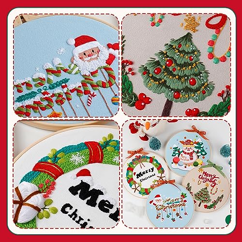 4 Sets Christmas Embroidery Starter Kit with Pattern for Beginners,Merry Christmas Embroidery Kit Ornaments, DIY Cross Stitch Set with 4 Plastic Embroidery Hoops,Color Threads,Tools and Instructions - color: Xmas White Beige Blue