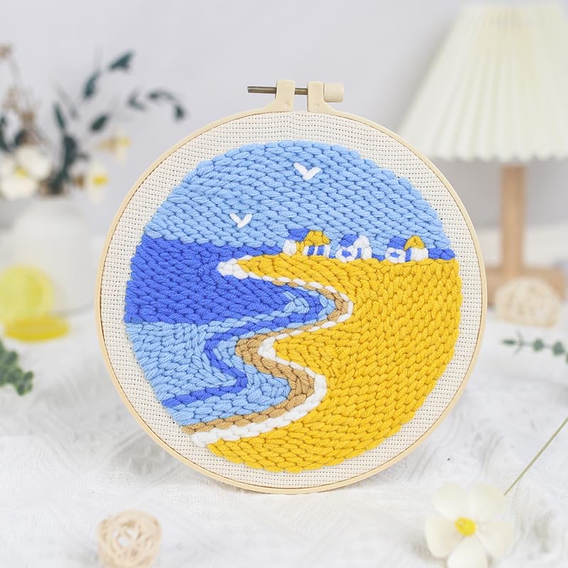 Coastal Beach House Punch Needle Kit for Beginners, 8 Inch Seaside Ocean DIY Embroidery Starter Set with Pre-Printed Fabric, Wooden Hoop, Yarn & Tools, Summer Wall Art Craft Gift for Adults - color: BLUE-SAND