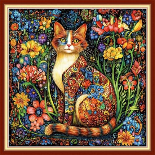 Funxvoot Stamped Cross Stitch Kits for Beginners or Adults Embroidery Starter Patterns | DIY Printed Cross Stitch Kits Needlepoint for Adults or Kids 11CT-Cat Flowers 18x18 inch - color: color08