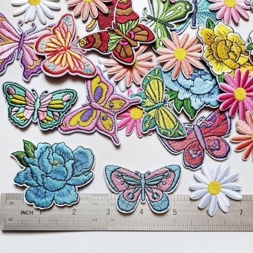 39Pcs Embroidered Iron On Patches, Butterfly Peony Daisy Iron on Patches Set, Colorful Applique Patches for Clothes Jackets Jeans Backpacks - color: Butterfly Peony Daisy