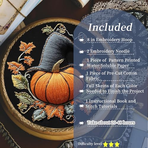 FONNUY Pumpkin Embroidery Kit for Beginners, Pre-Stamped Pattern Kits for Adults with Hoop, Easy to Follow Color Thread Needlework, 8'' Hoop (Witch Hat 3) - color: Witch Hat 3