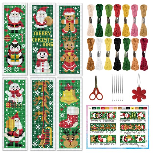 INFUNLY 6pcs Christmas Cross Stitch Bookmark Kits Snowman Embroidery Bookmark Kit with Instructions Santa Claus Handmade Cross Stitch Set Pre-Printed Deer DIY Bookmark-Kits for Adults Book Lovers - style: Christmas Snowman