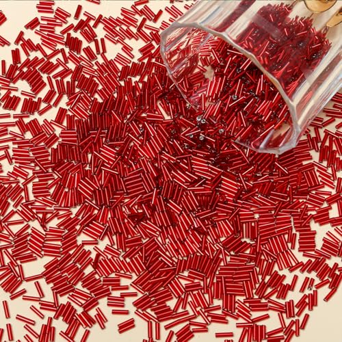 4200pcs Glass Bugle Beads, Mini Long Tube Seed Beads Bulk, Tiny Small Loose Spacer Embroidery Beaded for Bracelets Jewelry Making Sewing, Crafts, Christmas Ornaments, 2×6mm, Dark Red - color: Medium blue