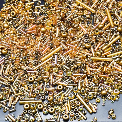 2000PCS Mixed Glass Bugle Beads Glass Gold Seed Micro Tube Bead 1.5-4.5mm Small Gold Embroidery Beads for Jewelry Making