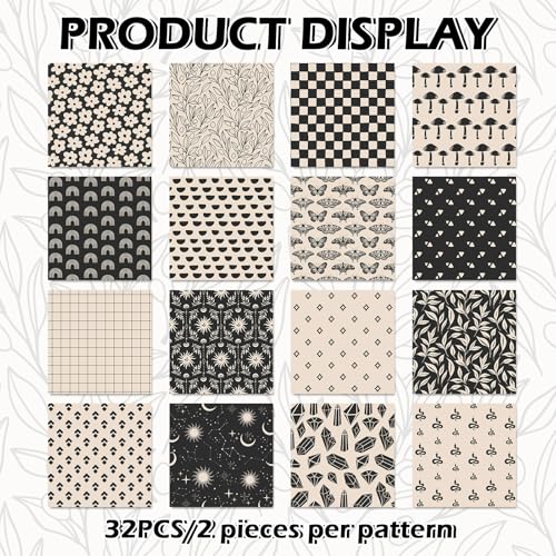 JarThenaAMCS 32Pcs Boho Ivory Charm Square 5-Inch Cotton Fabric Squares Bundles Black Beige Rainbow Mushroom Flower Quilting Sewing Fabrics for DIY Handmade Craft Decor