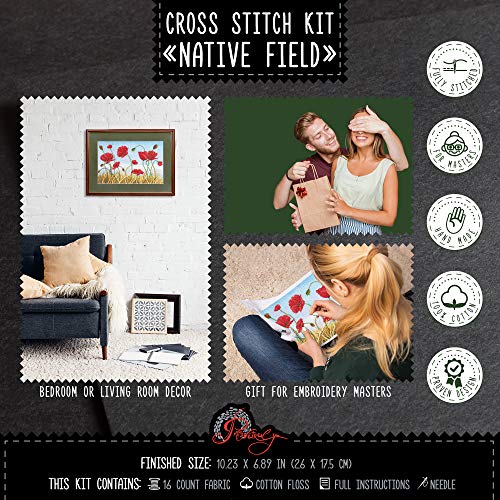 Povitrulya Native Fields Embroidery Kit with Poppy Flowers Counted Cross Stitch Pattern - color: Native Fields