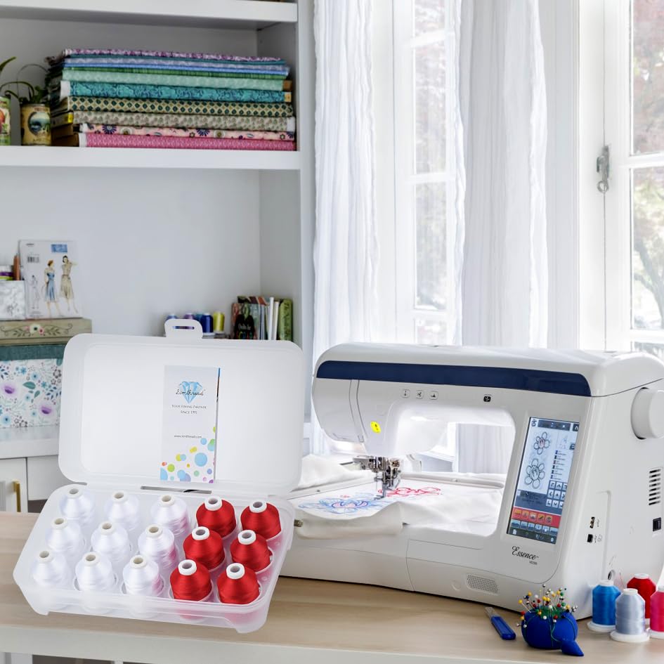 Simthread Machine Embroidery Thread 1000M White 001 + Red 800, with Storage Box Polyester 15 Spools Set for Embroidery Quilting Machine - color: 9White+6Red