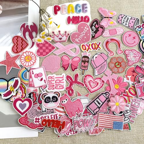 J.CARP 60Pcs Pink Iron on Patches for Girls, Random Girly Embroidery Pink Patches for Clothing, Hats, Backpacks, Jackets, and Bags - color: Pink Random Patches 60Pcs