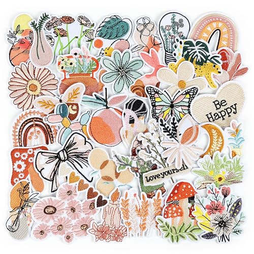 NICEVINYL Vintage Aesthetic Iron on Patches: 36PCS DIY Decorative Appliques - color: Mustard Yellow/Rust/Teal, size: Pack of Assorted, style: Retro