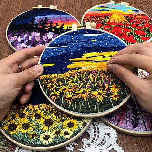 Allazone 2 Sets Embroidery Kit for Beginners, Stitch Practice Kits for Craft Lover Hand Stitch with Embroidery Fabric with Stamped Pattern, Starter Stitch Kits Suitable for Adults (Sunset) - color: Sunset