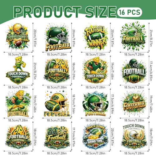 Dazoratix Green Football Iron on Transfers - 16 Sheets Sport DTF Ready to Press Bulk Heat Patches Sticker Rugby Ball Lovers Vinyl Decal for T Shirts Clothes Pillow Bag Hoodies DIY Crafts Decorations - style: Green Football