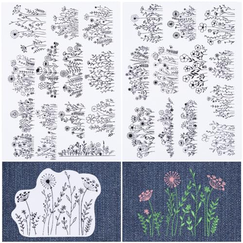 CRASPIRE 2 Sheets Flowers Grass Water Soluble Embroidery Patterns Stabilizers Hand Sewing Stick and Stitch Transfers Fabric Wash Away Pre-Printed Self Adhesive for Bags Cloth Sewing Lovers - style: 2 Sheets Flowers Grass