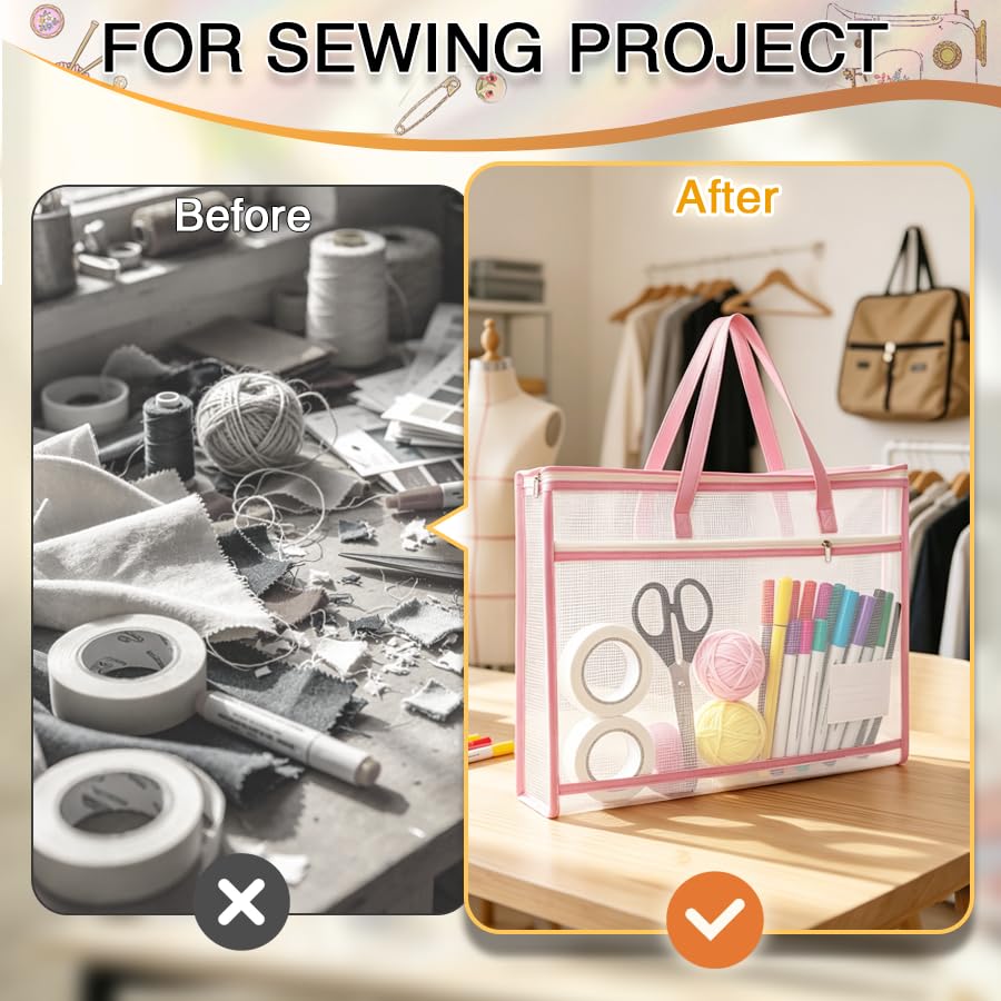 5 Pcs Project Bags for Quilting & Needlepoint - A3 Large Sewing Organizer Craft Storage with Handles, Clear Mesh Zipper Pouch for Embroidery, Cross Stitch, Crochet, WIP Projects & Artworks