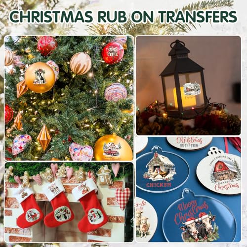ZMRU 24 Sheets Vintage Christmas Rub On Transfers for Crafts, Rub On Transfers Christmas for Wood，Furniture Decals, Glass, Porcelain, Leather, Canvas, Fabric Projects,3 * 3inch(Farm Christmas) - color: Cottage farm Christmas