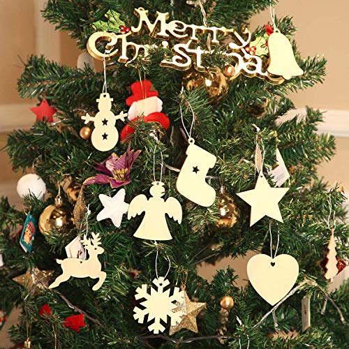 Tatuo 120 Pcs Blank Wood Christmas Ornaments 10 Shapes for DIY,Multi Shape