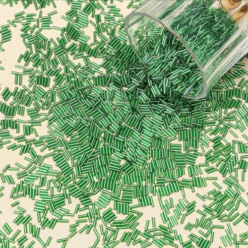 4200pcs Glass Bugle Beads, Mini Long Tube Seed Beads Bulk, Tiny Small Loose Spacer Embroidery Beaded for Bracelets Jewelry Making Sewing, Crafts, Christmas Ornaments, 2×6mm, Dark Green - color: Lime green