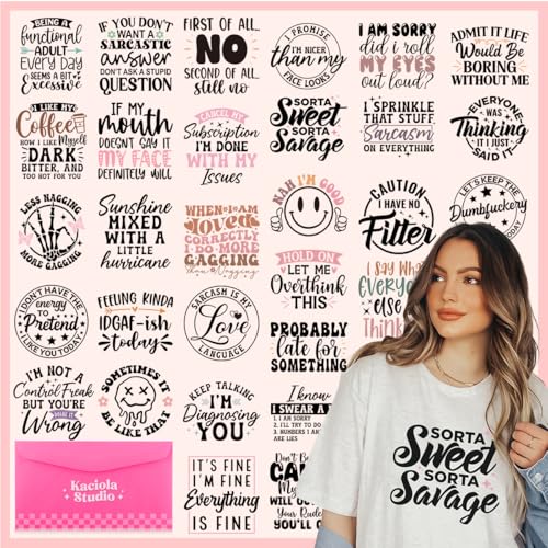 Kaciola 30 Sheets Sarcastic Quotes DTF Transfers Ready to Press, Humorous Iron on Transfers Stickers Funny Iron on Decals for T Shirts Hoodie DIY Crafts - color: Sarcastic