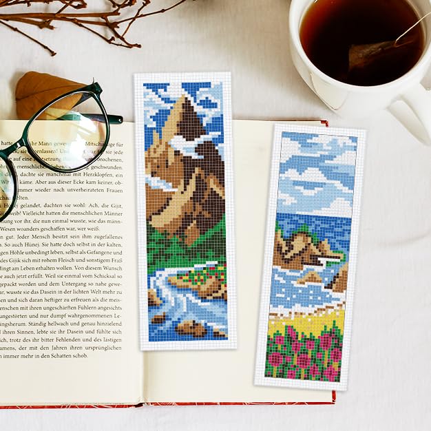 INFUNLY 6pcs Natural Scenery Cross Stitch Bookmark Kits Mountain Embroidery Bookmark Kit with Instructions Lakes Sky Handmade Cross Stitch Set Pre-Printed Flowers DIY Bookmark-Kits for Book Lovers - style: Natural Scenery