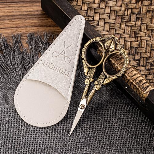 Embroidery Scissors, Small Sharp Pointed Sewing Scissors for Cross Stitch Cutting Embroidery Sewing Handcraft Craft Art Work DIY Tool with PU Leather Sheath (Vintage color) - color: Vintage Color