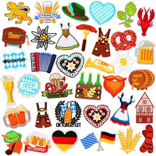 AUGSUN 36pcs Oktoberfest Iron on Patches Bavarian Embroidered Sew Applique - style: Oktoberfest