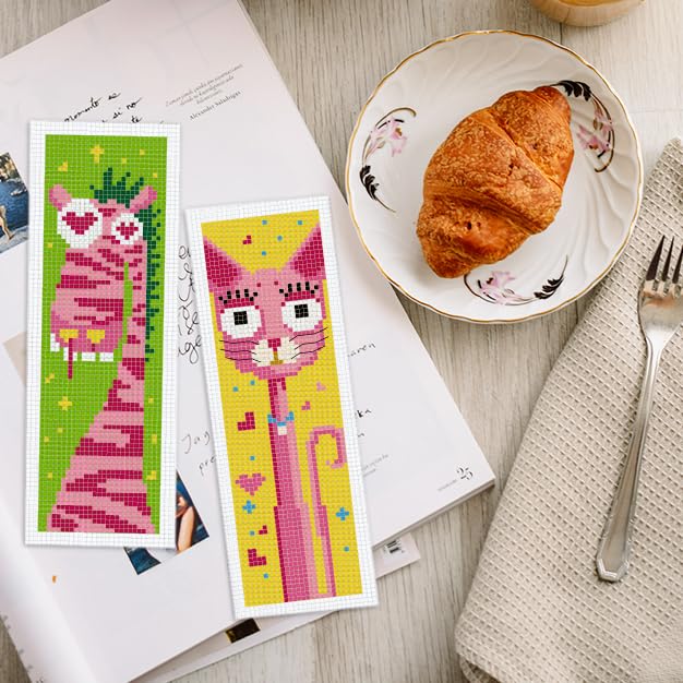 INFUNLY 6pcs Abstract Animal DIY Cross Stitch Bookmark Kits for Beginners Pink Theme Cross Stitch Kit with Instruction Bunny Cat Dog Stamped Embroidery Bookmark Kit for Book Lovers Readers Gift - style: 6pcs Abstract Animal