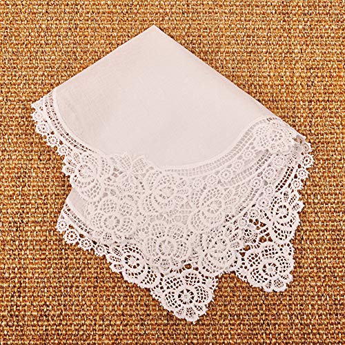 Milesky White Wedding Handkerchief Pure Cotton, Soft Ladies Hanky with Crochet Lace - color: Ch02