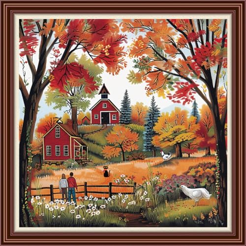 Dimensean Counted Cross Stitch Kit for Beginners, 11CT Unprinted Cross-Stitch Kit Easy Patterns Needlepoint Kit Cross Stitching Embroidery Kit Supplies-Deep Autumn Homeland Scenery 18x18 inch - color: DIYColor03