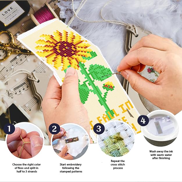 INFUNLY 6pcs Flower and Reading Words Cross Stitch Bookmark Kit for Beginners DIY Rose Tulip Lily Stamped Embroidery Bookmark Kits Plants Words Needlepoint Kit with Instruction for Book Lovers Readers - style: Floral Text