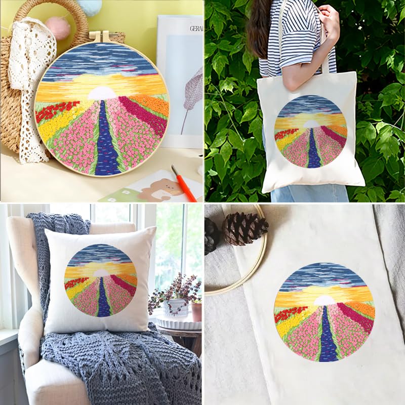 Zhenqing Flower Field Embroidery Kit for Beginners, Romantic Sunset Landscape Needlework Kit with Pre-Printed Fabric, Hoop, Threads & Tools (S-CX0314) - color: Romantic Flower Field