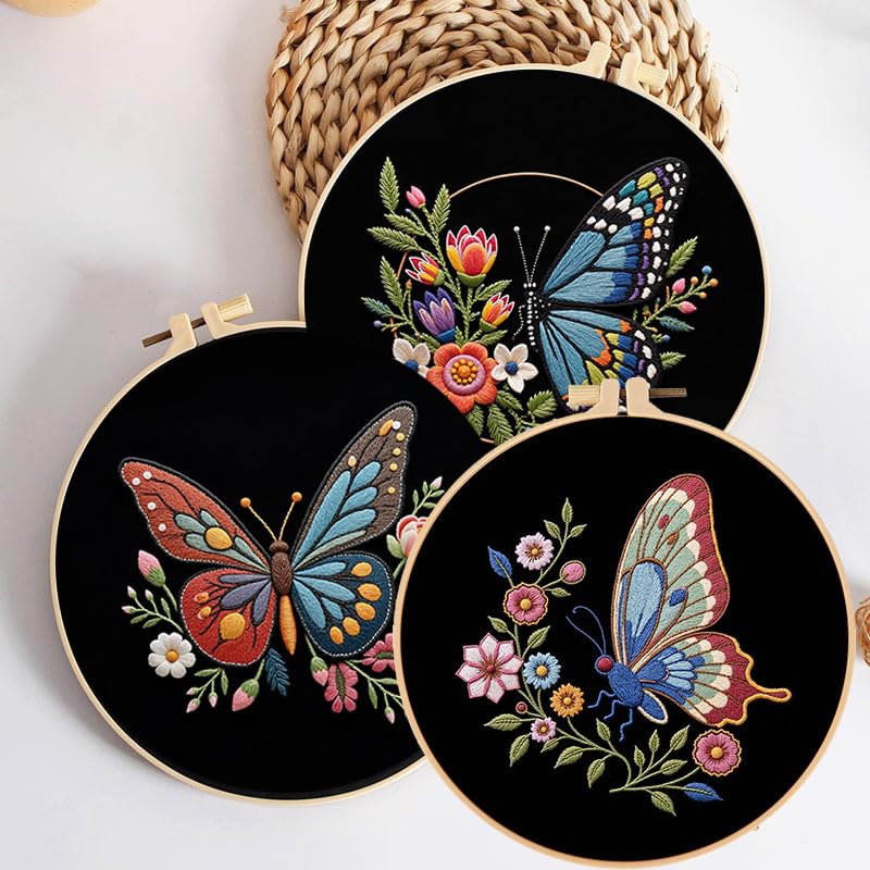 Konrisa Flower Butterfly Embroidery Kits for Adults, Stamped Embroidery Starter Kit with Hoop,DIY Sewing Needlepoint Cross Stitch Kit, Set of 3 - color: black