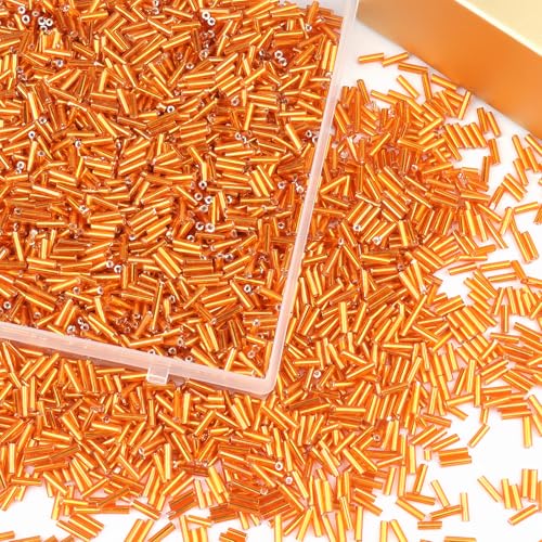 4000 Pcs Bright Orange Glass Bugle Beads, 2 x 7 mm Embroidery Beads, Small Long Tube Seed Beads for Embroidery Craft Jewelry Making - color: Bright Orange