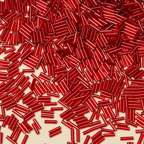 2000pcs Glass Bugle Beads, Tube Beads Bulk, Mini Long Tiny Small Waist Loose Spacer Embroidery Beaded for Bracelets Jewelry Making Sewing, Crafts, 2×6mm, True Red - color: True Red