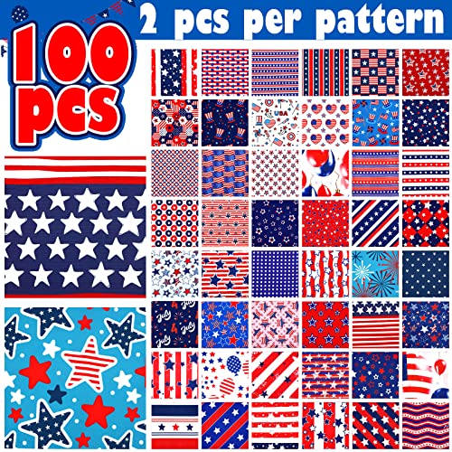 Irenare 100 Pcs 8 x 8 Inches Cotton Patriotic Fabric Squares - style: Star