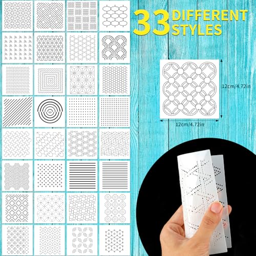 33 Pcs Plastic Sashiko Stencil 4.7 X 4.7 Inch Geometric Sashiko Pattern Template for Drawing Line Quilting Stencil Sewing Hand Quilting and Embroidery and Design Creativity DIY - color: White