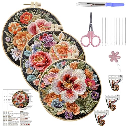 ARTopet 3Pcs Embroidery Kit for Beginners Cross Stitch Kits Needlepoint Set Colorful Flowers Patterns Embroidery Thread Kit for Craft Lover Hand Stitch with Hoop Threads Fabric - color: 3Pcs