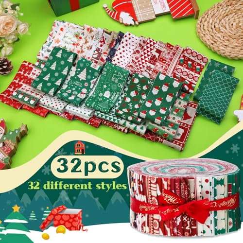 ZMAAGG Jelly Roll Fabric, 32PCS Jelly Roll, Christmas Style Quilting Fabric - color: Multicolor