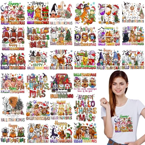 Yuntau 30 Pcs Hallothanksmas Iron on Transfer Patch,Western DTF Vinyl Decal - style: Hallothanksmas