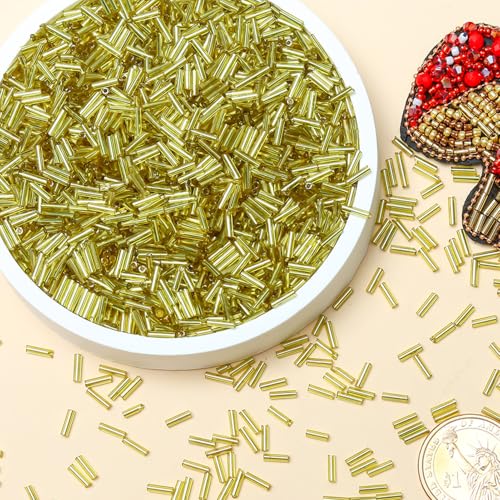 2000pcs Glass Bugle Beads, Tube Beads Bulk, Mini Long Tiny Small Waist Loose Spacer Embroidery Beaded for Bracelets Jewelry Making Sewing, Crafts, 2×6mm, Yellowish Green - color: Yellowish Green