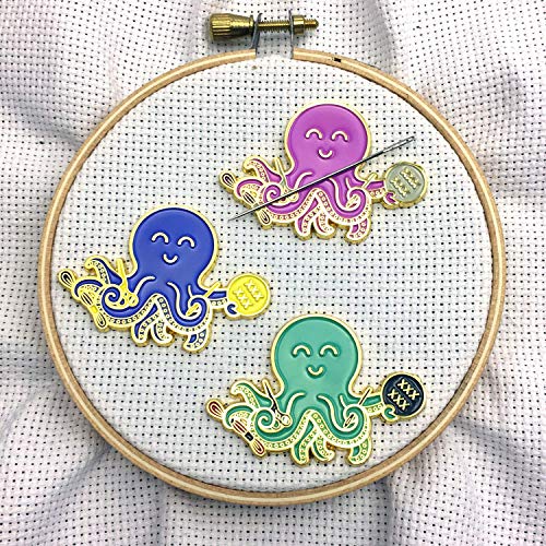 Green Stitching Octopus Holding Floss Hoop and Stork Scissors Enamel Needle Minder
