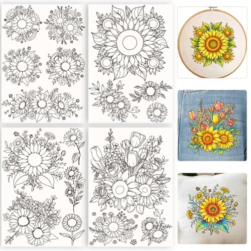 17Pcs Water Soluble Embroidery Patterns Sunflowers 11.7 x 8.3 Inch Embroidery Transfer Paper Sunflower Bouquets Stick and Stitch Wash Away Transfer Stabilizers for Hand Sewing Beginners - color: Sunflower