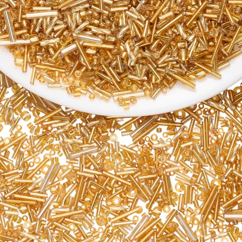Ornaland Glass Bugle Beads Bulk, Long Embroidery Beads, Gold, 100g - color: Goldenrod