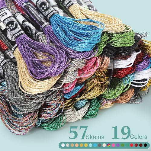 Coume 57 Skeins Metallic Embroidery Floss 499 Yards 19 Colors Embroidery Skein Threads Multicolor Glitter Thread