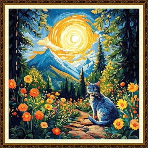 Redxing Counted Cross Stitch Kit for Beginners,Unprinted Needlepoint Kits for Beginners Cross Stitching Embroidery Kit 11CT Stitches kit-Cat Admiring the Moon 18x18 inch - color: KitColors11