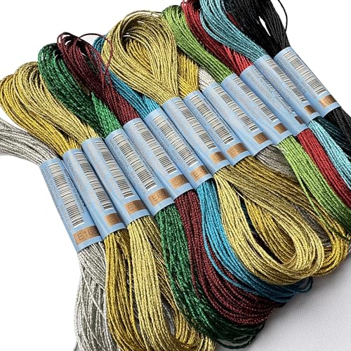13 Skeins Embroidery Thread, 10 Colors Metallic Embroidery Floss Set, Polyester Cross-Stitch Threads for Hand Embroidery, String Art（10 Colors） - color: 10Metallic mixed Colors, size: 13 skeins
