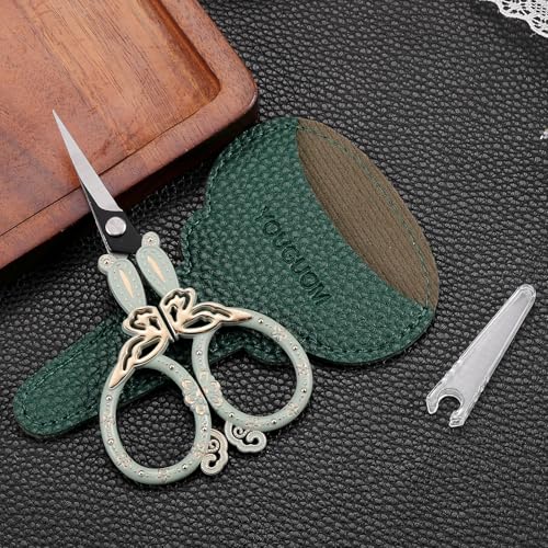 YOUGUOM Sewing Embroidery Scissors, Vintage Needlework Scissor for Craft Cross Stitch Crochet Threading, Green Detail Shears with Cover - color: Light Green