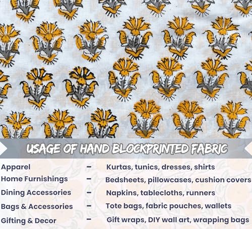 100% Cotton Fabric by the Yard, Hand Block Print Fabric for Sewing RB-102 - color: Rb-102 Yellow, size: 5 Yard pre cut