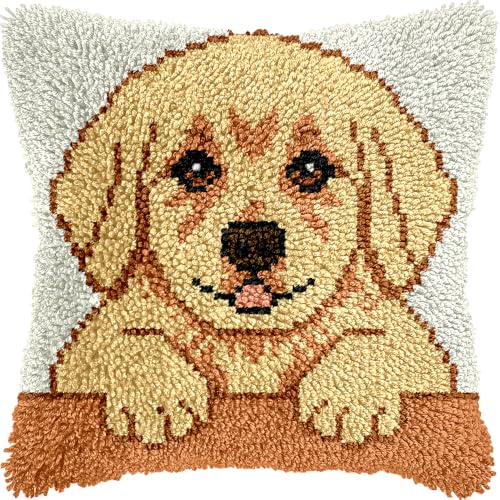 Golden Retriever Puppy Latch Hook Kits for Adults Kids, Beginners DIY Throw Pillow Kit Pre-Printed Pillowcase Hook and Latch Rug Kits Cross-stitch Cushion Cover for Home Sofa Decoration 17x17 in. - color: Golden Retriever